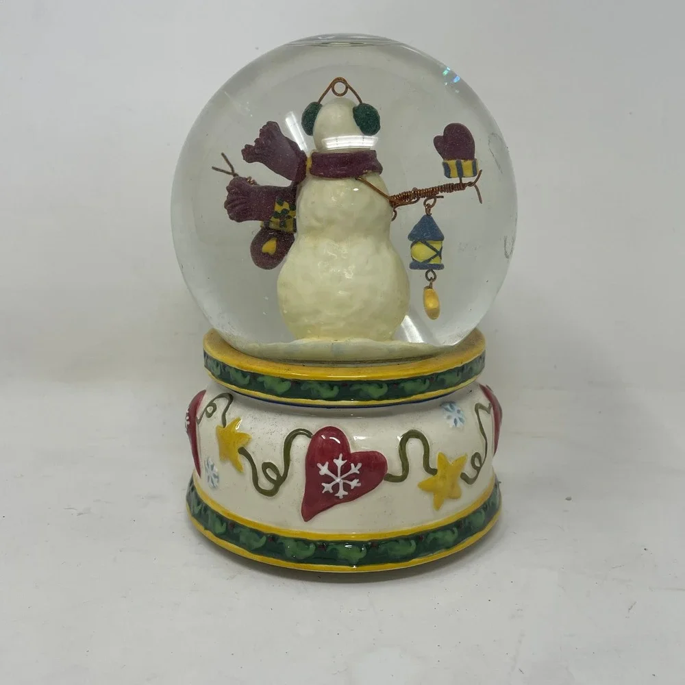 Vintage Snowman Musical Snow Globe Christmas Decor Hearts Stars Glitter
